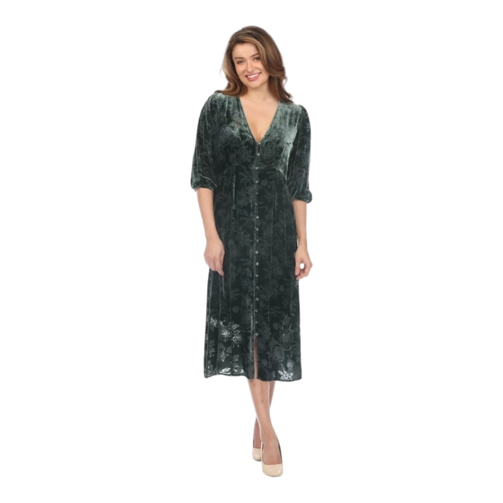 Johnny Was Love Natalia Emerald Silk Velvet Midi Dress Boho Chic